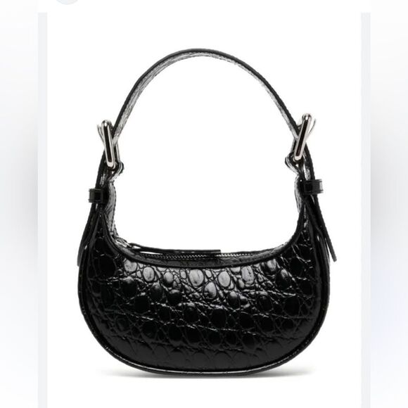 NEW By Far Soho Circular Mini Shoulder Bag Black crocodile purse silver Y2K $570 - Picture 3 of 14